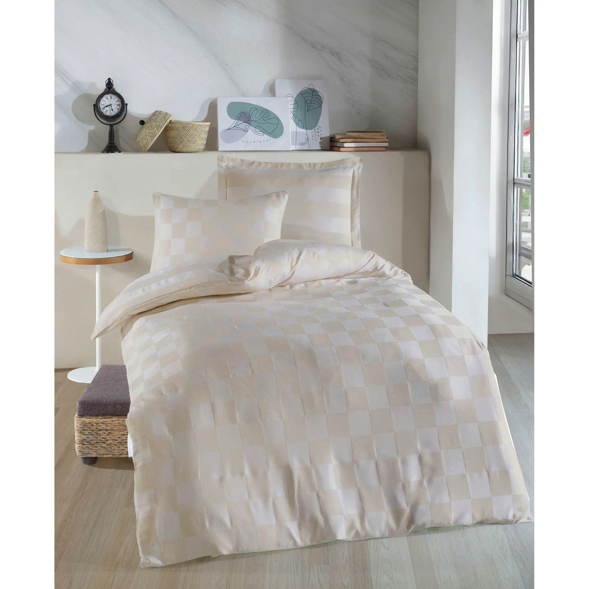 Set lenjerie pat KARELI SATEN, bumbac/poliester, bej, 140x200 cm, cu cearceaf pilota si fata de perna