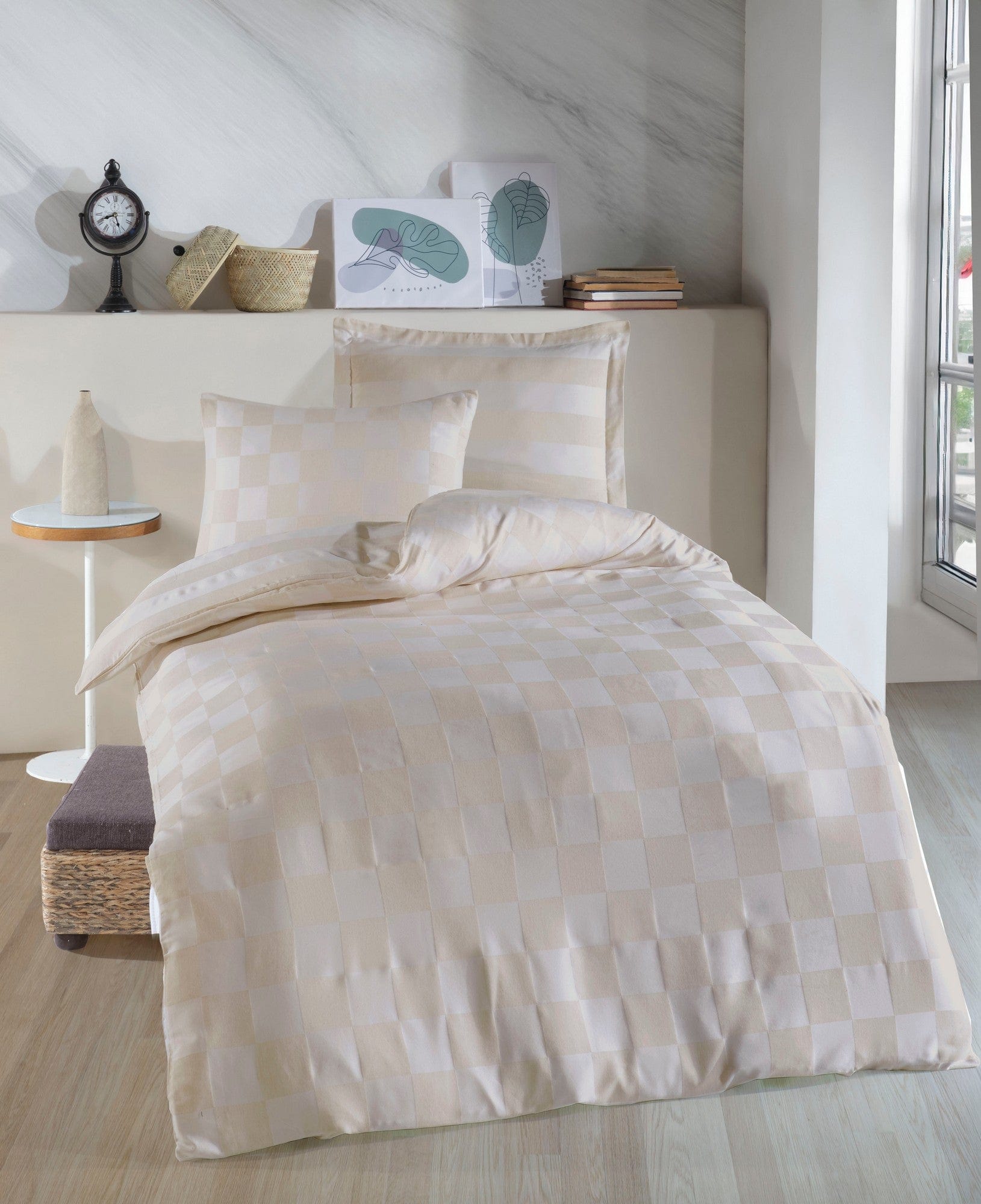 Set lenjerie pat KARELI SATEN, bumbac/poliester, bej, 140x200 cm, cu cearceaf pilota si fata de perna