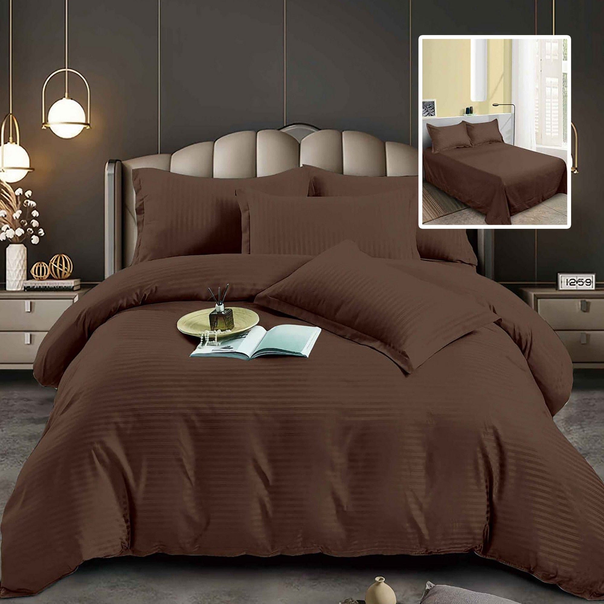 Set lenjerie pat policoton IMP43, maro, 230x260 cm, cu cearceaf pat, cearceaf pilota si 2 fete de perna