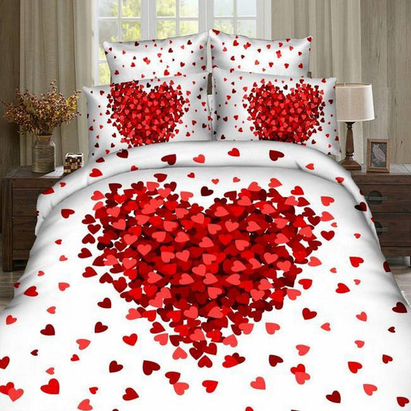 Set lenjerie pat RED HEART, bumbac/poliester, alb/rosu, 220x230 cm, cu cearceaf pat, cearceaf pilota si 2 fete de perna