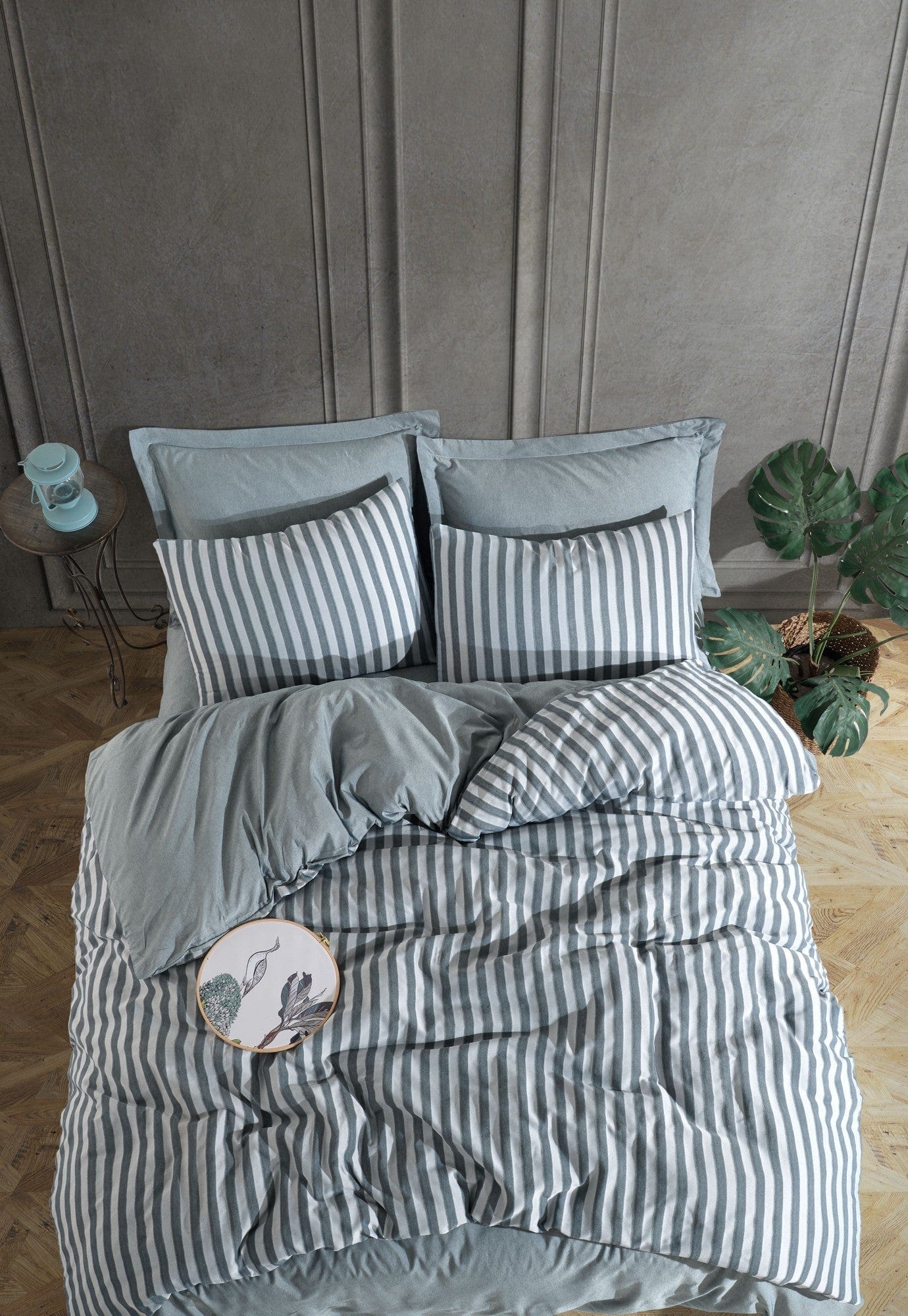 Set lenjerie pat ROAD POTLU, verde, bumbac/poliester, 200x220 cm, cu cearceaf pilota si 2 fete de perna