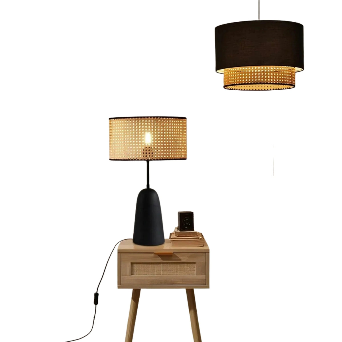 Set lustra si lampa AYD-3742, negru/bej, metal/ratan