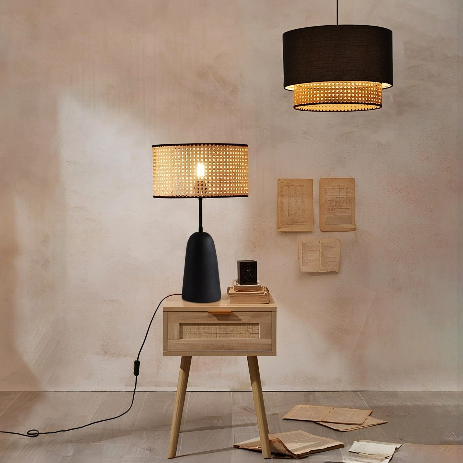 Set lustra si lampa AYD-3742, negru/bej, metal/ratan