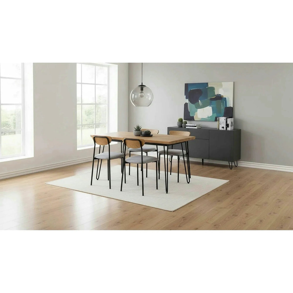 Set masa cu 4 scaune DICKY, stejar/negru/gri, stofa clasica/PAL/metal