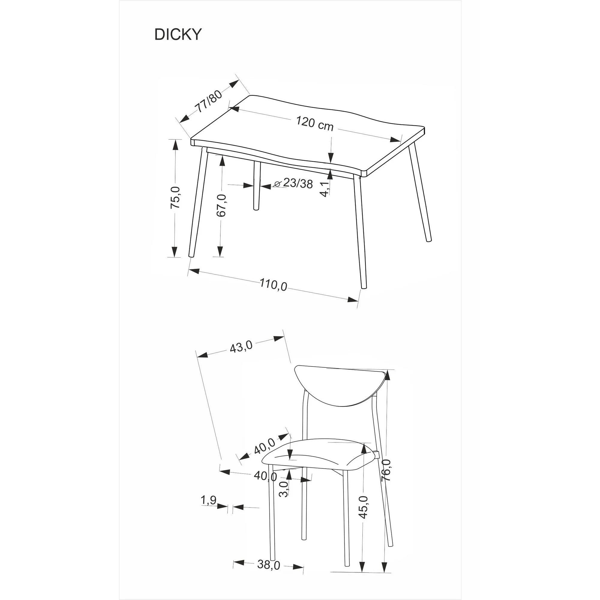 Set masa cu 4 scaune DICKY, stejar/negru/gri, stofa clasica/PAL/metal