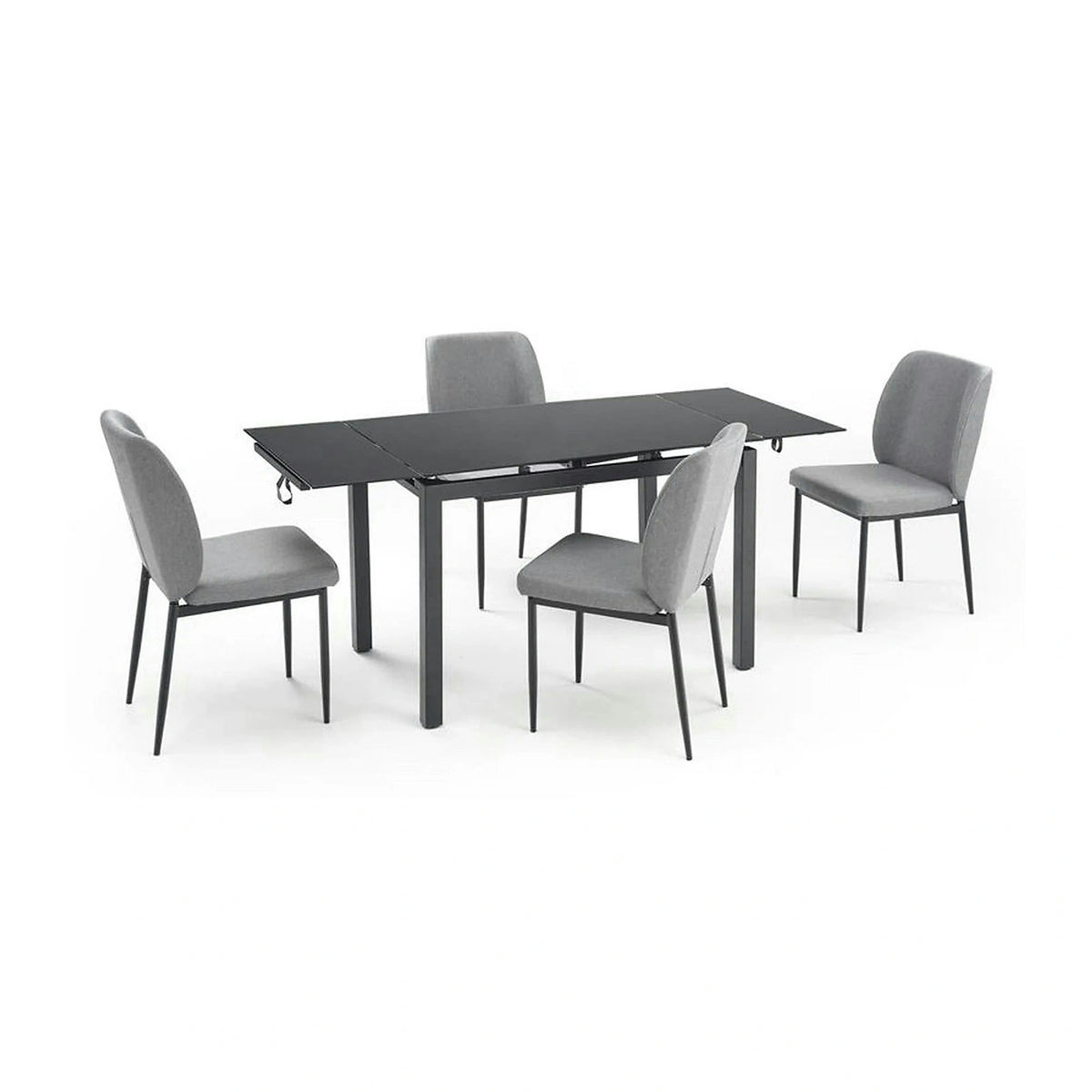 Set masa extensibila cu 4 scaune JASPER, gri/negru, stofa clasica/sticla/metal
