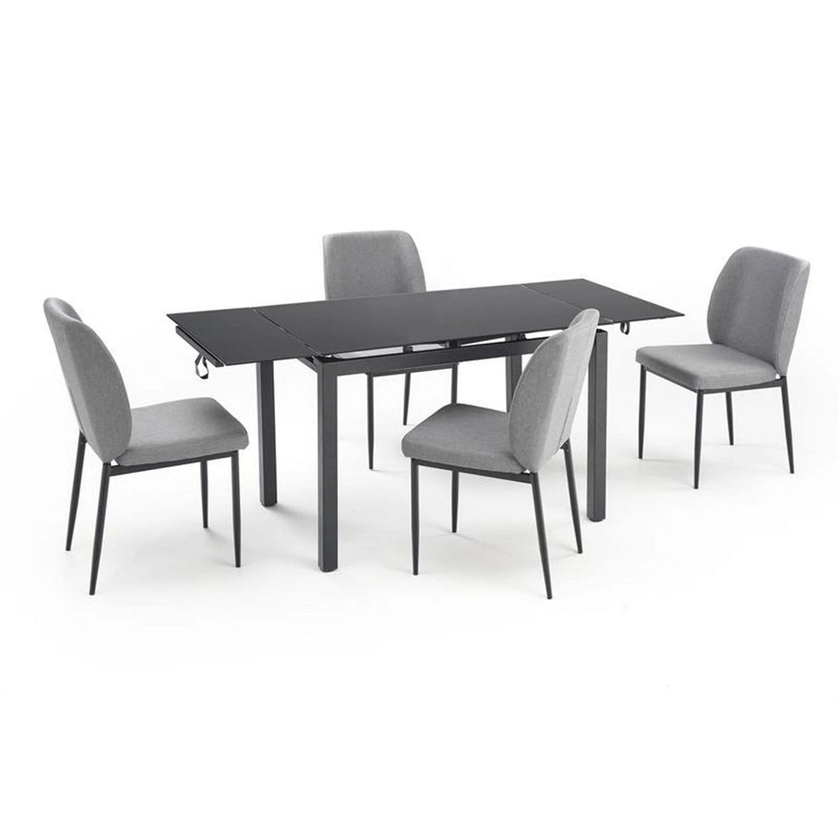 Set masa extensibila cu 4 scaune JASPER, gri/negru, stofa clasica/sticla/metal