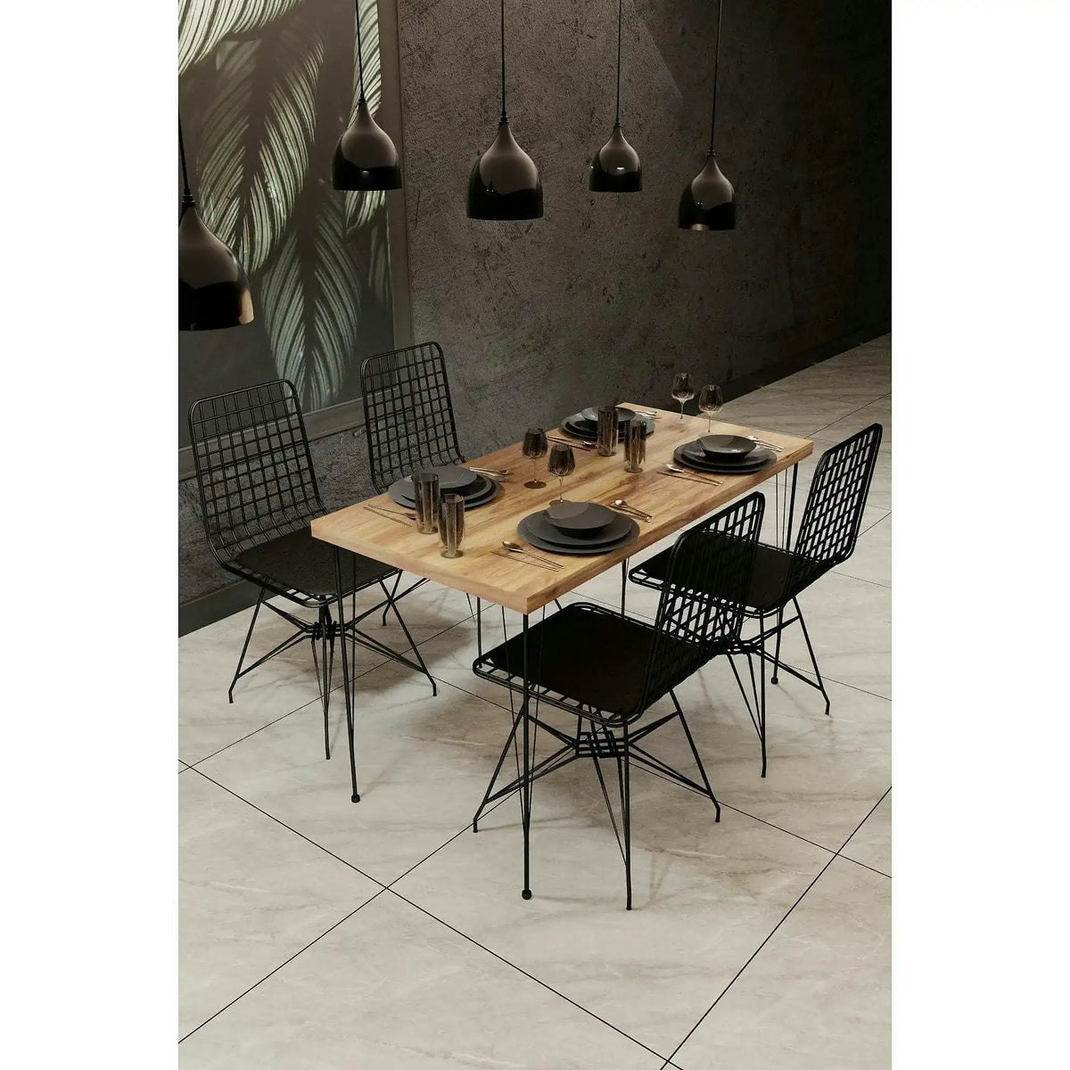 Set masa si 4 scaune NMSYMK001, stejar/negru, PAL melaminat/metal