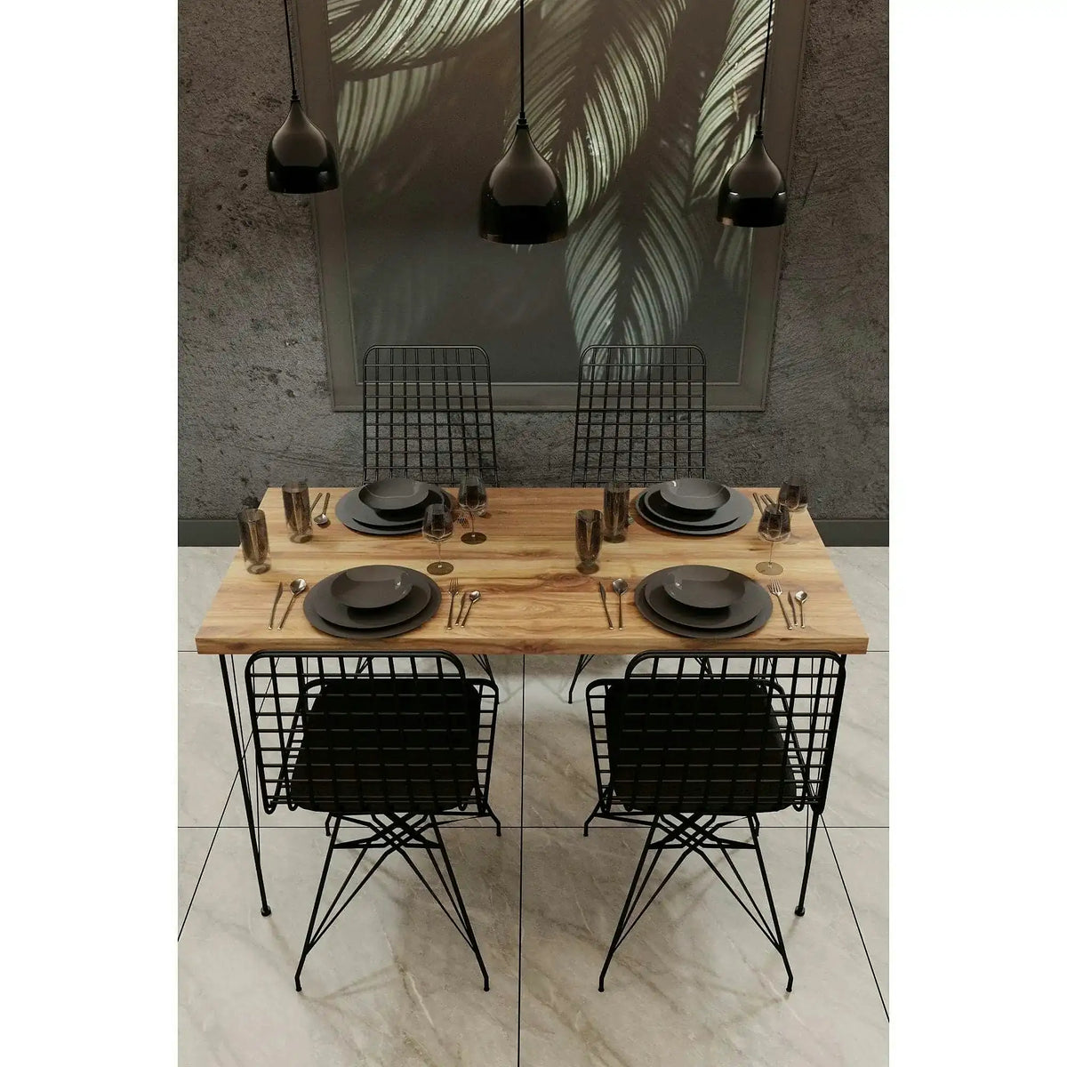 Set masa si 4 scaune NMSYMK001, stejar/negru, PAL melaminat/metal