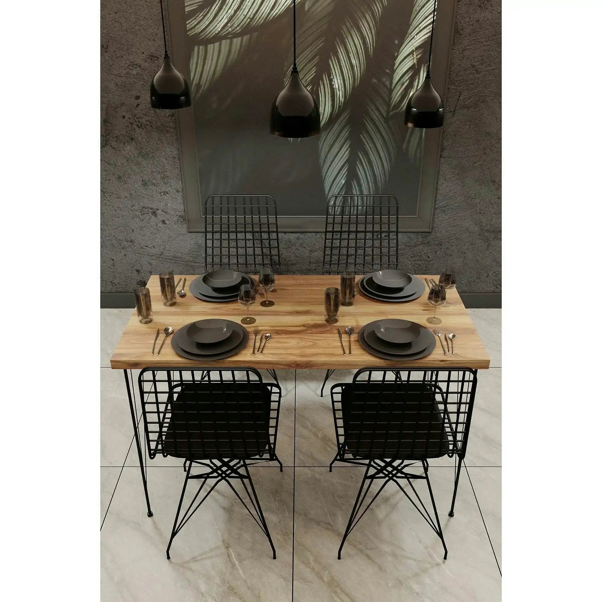 Set masa si 4 scaune NMSYMK001, stejar/negru, PAL melaminat/metal