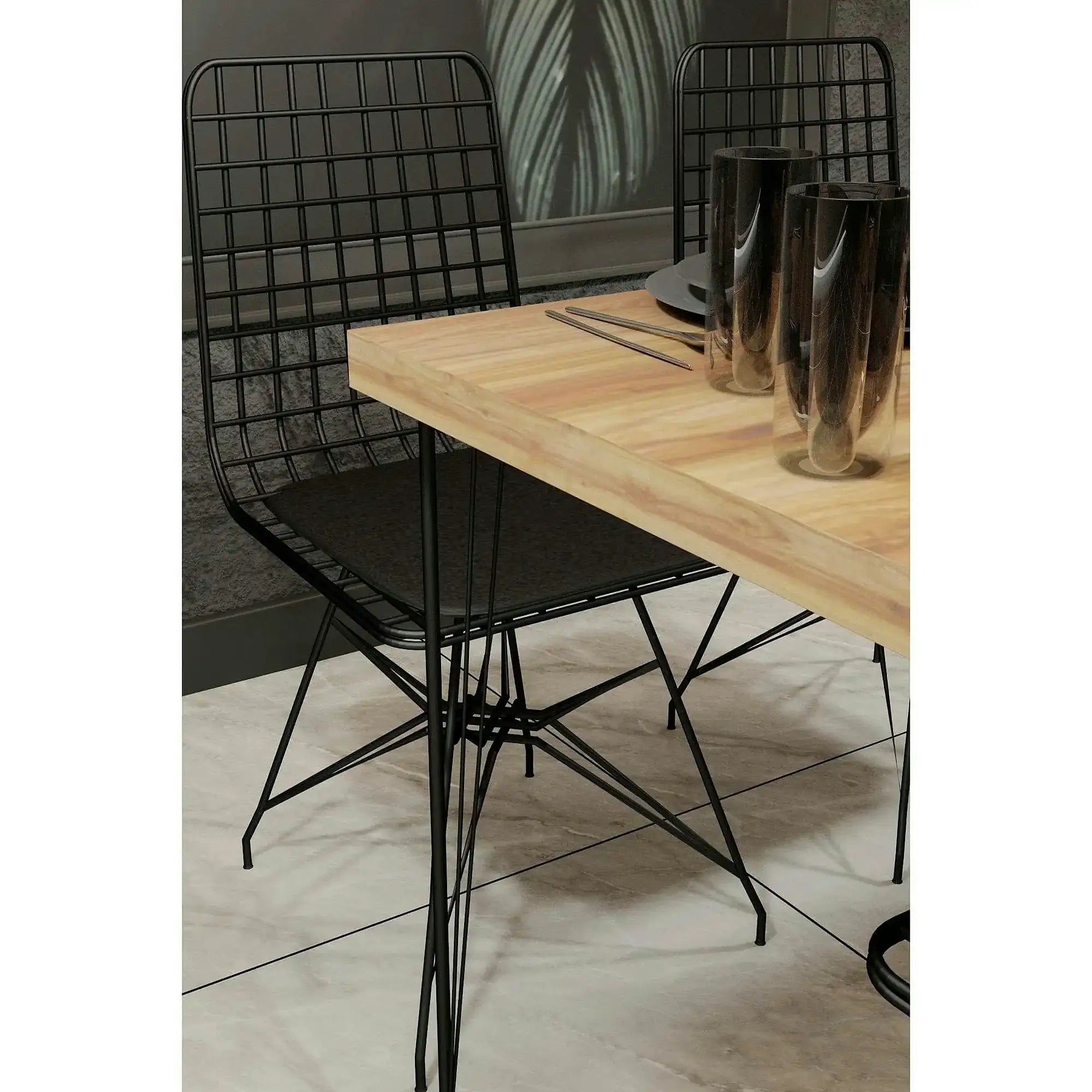 Set masa si 4 scaune NMSYMK001, stejar/negru, PAL melaminat/metal