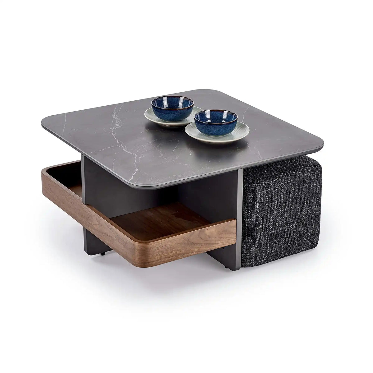 Set masuta cafea si 2 taburete VICKER, negru cu efect de marmura/nuc/gri inchis