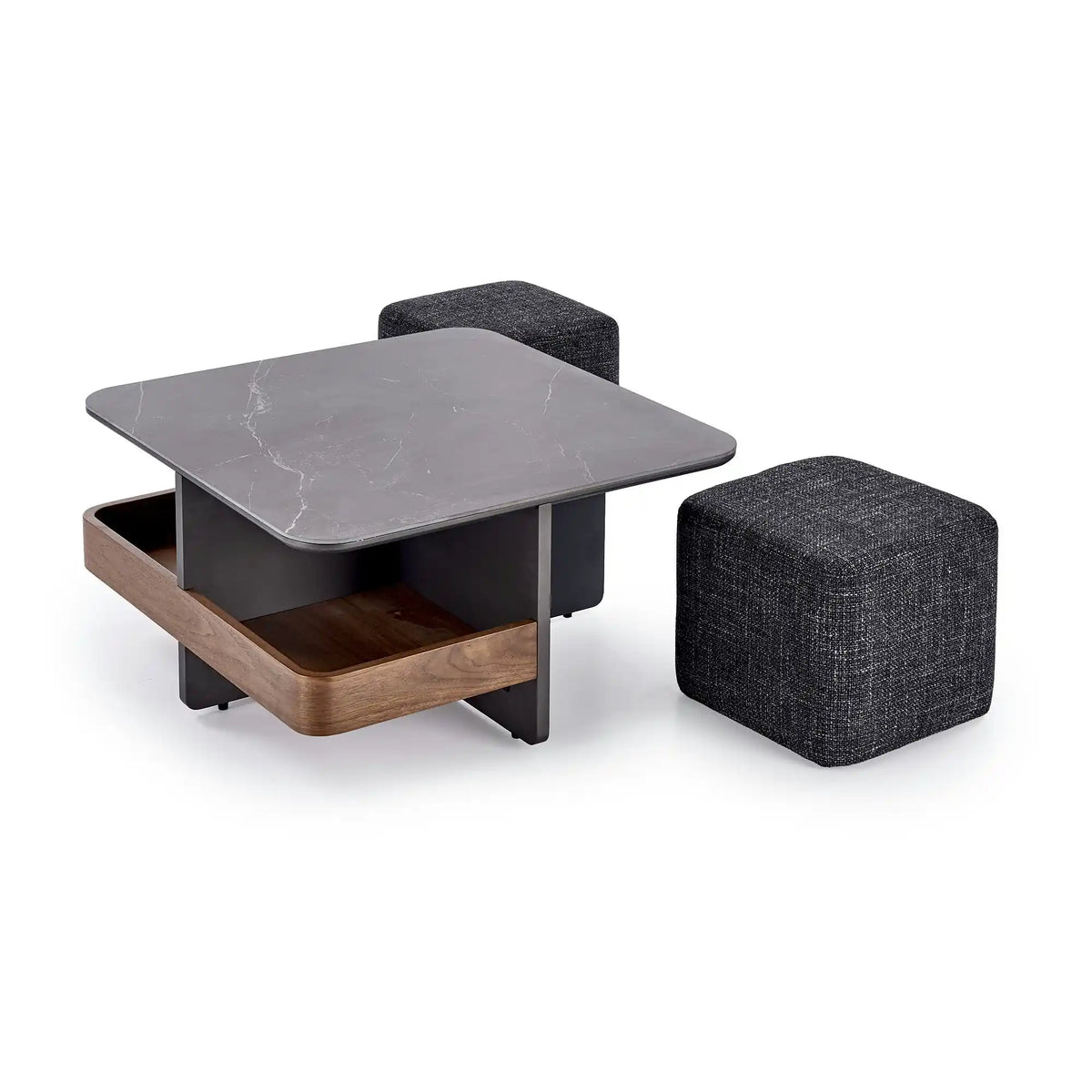 Set masuta cafea si 2 taburete VICKER, negru cu efect de marmura/nuc/gri inchis