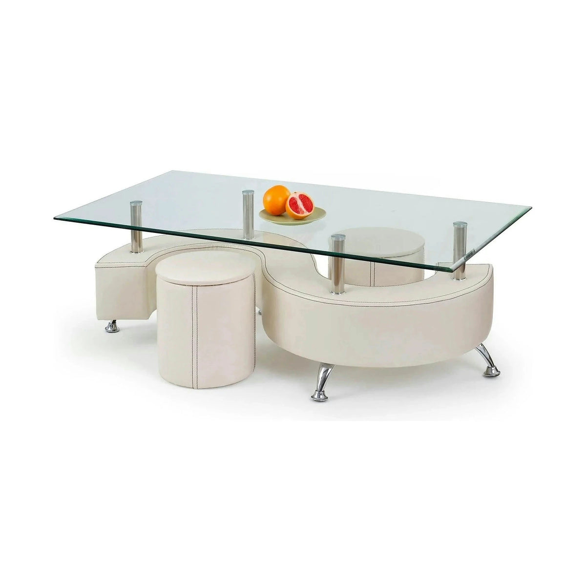 Set masuta cu 2 taburete NINA 3, alb, sticla/otel, 130x70x55 cm