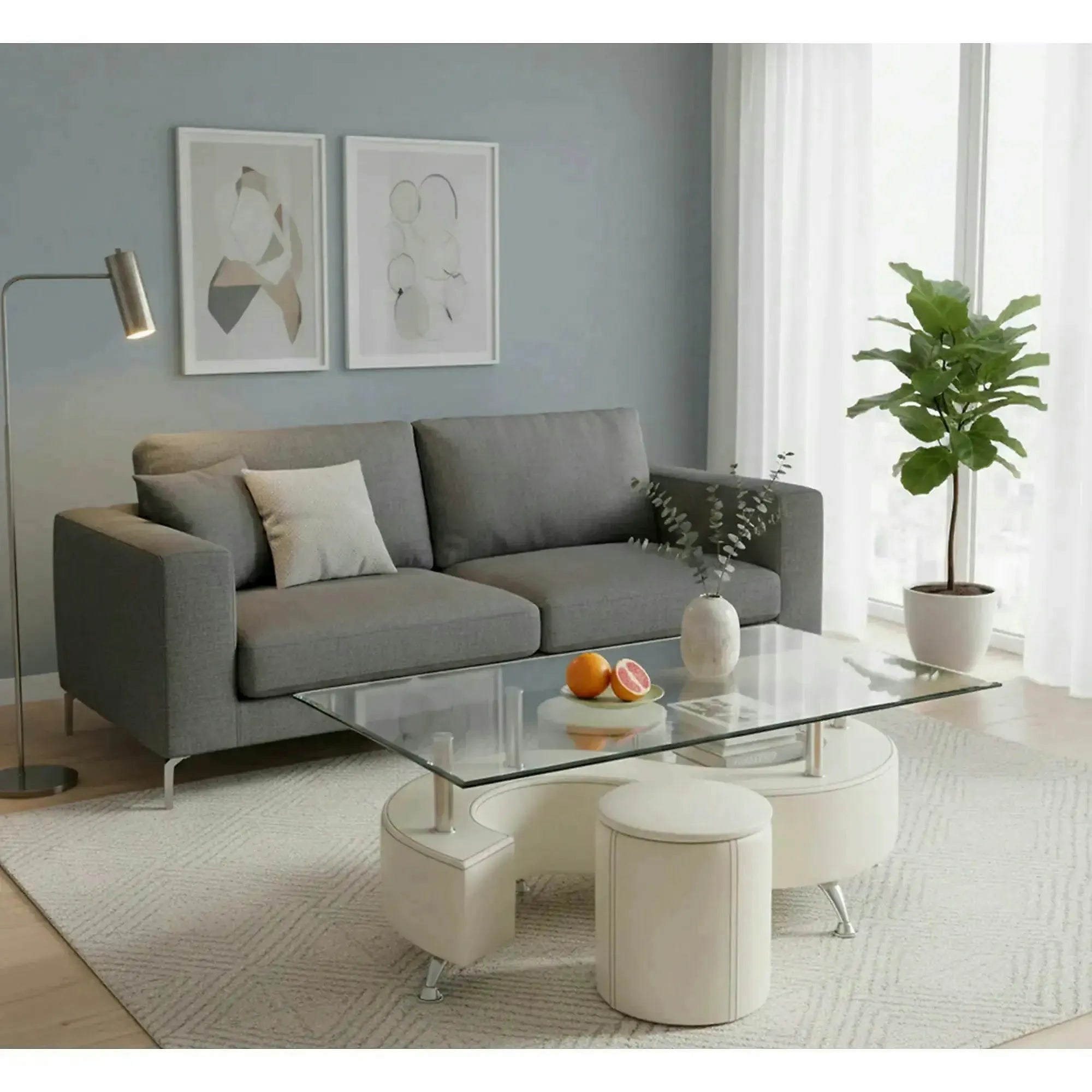 Set masuta cu 2 taburete NINA 3, alb, sticla/otel, 130x70x55 cm