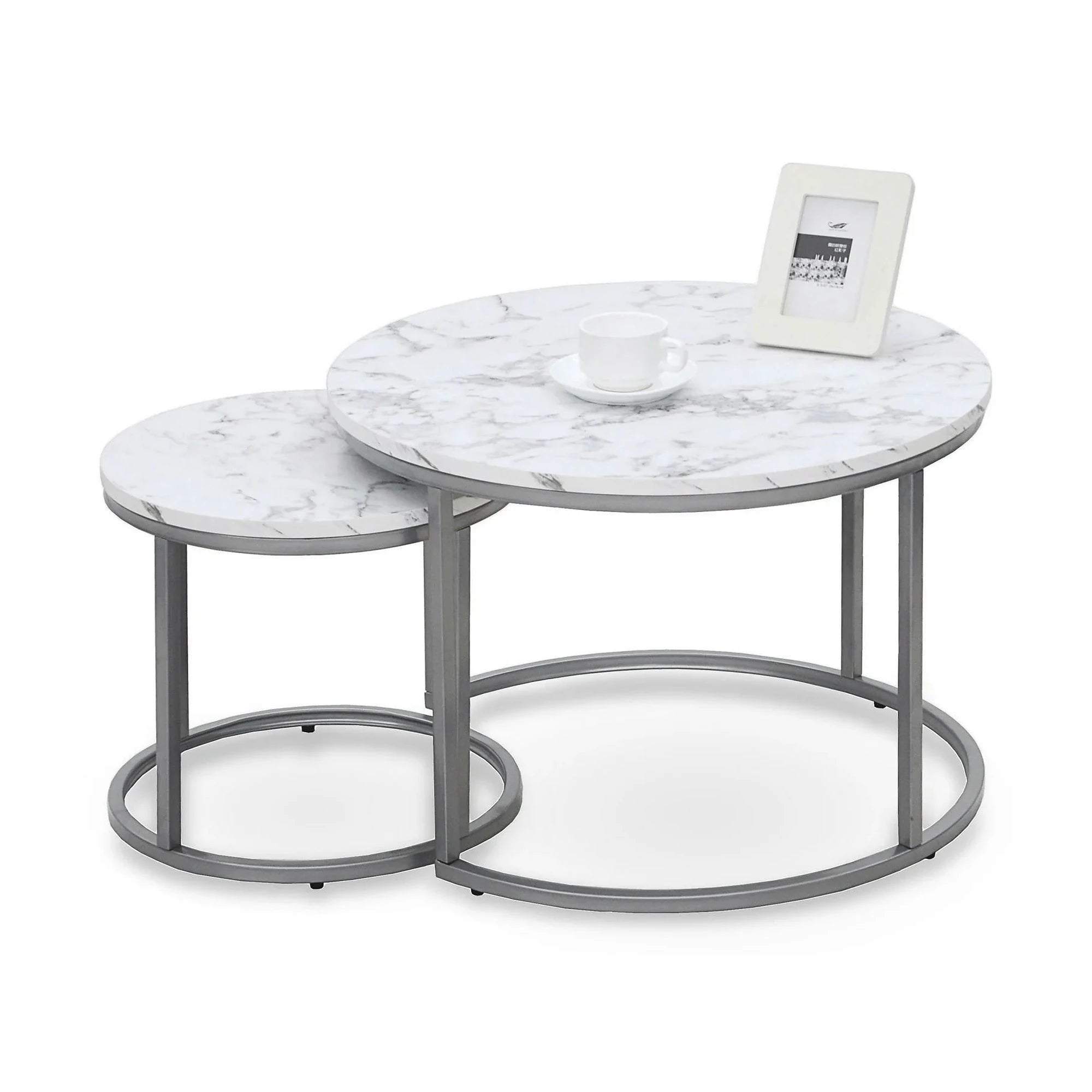 Set masute cafea rotunde PAOLA, alb cu efect de marmura/argintiu