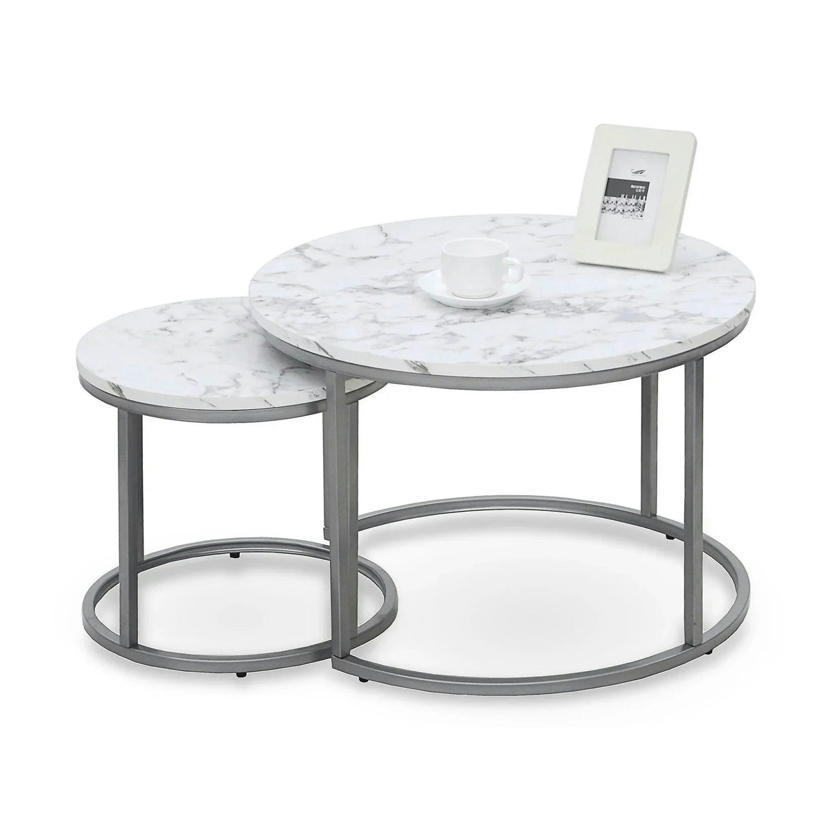 Set masute cafea rotunde PAOLA, alb cu efect de marmura/argintiu