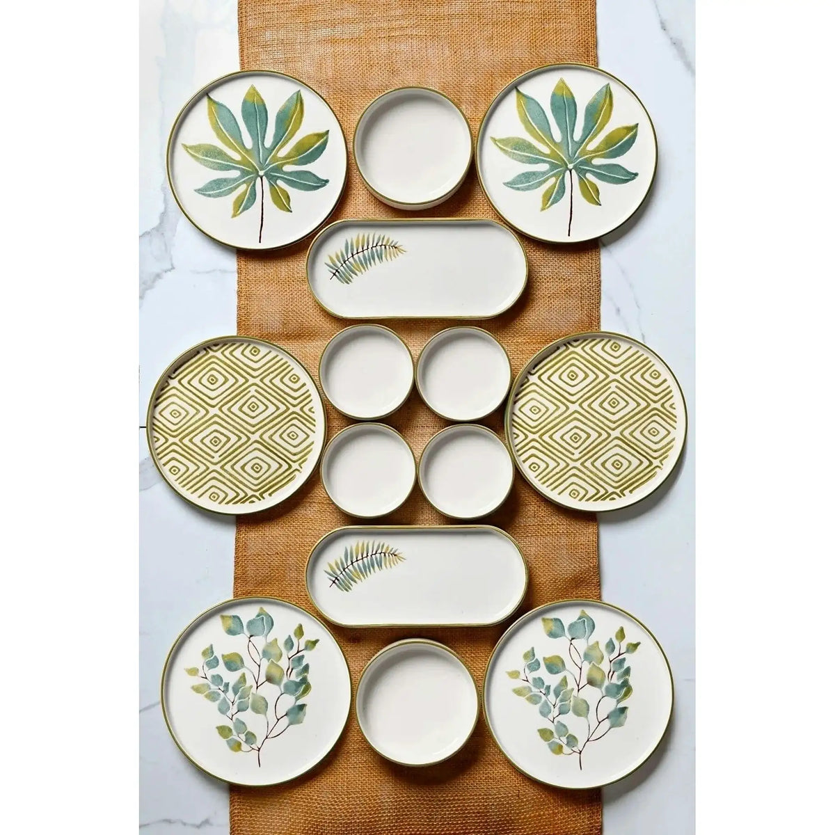 Set mic dejun MCH009904, 14 piese, alb/verde/galben, ceramica