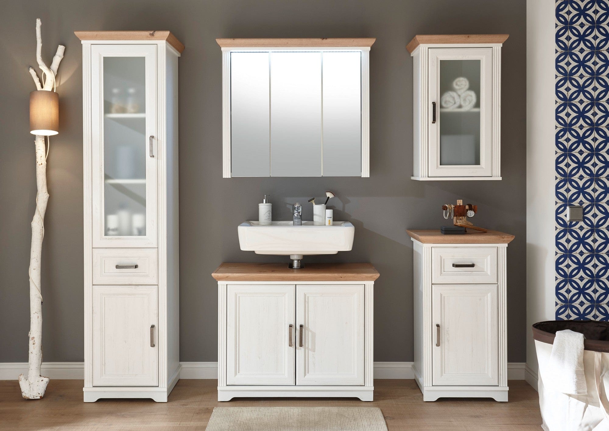 Set mobilier baie JASMIN, 5 piese, alb/stejar artisan, PAL