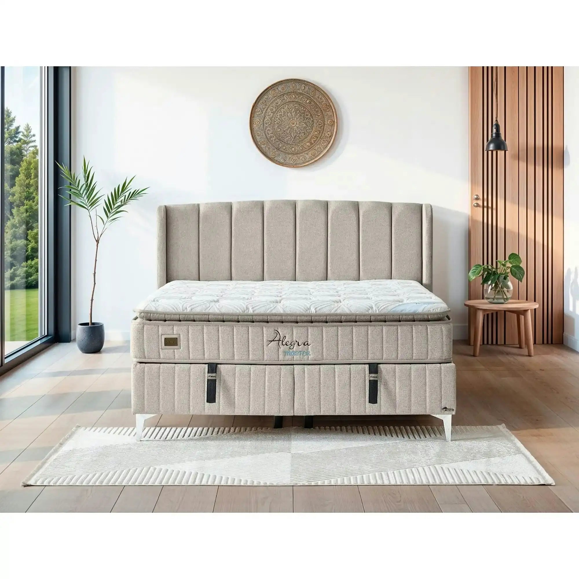 Set pat cu saltea ALEGRA 180x200, stofa bej, cu somiera, spatiu depozitare