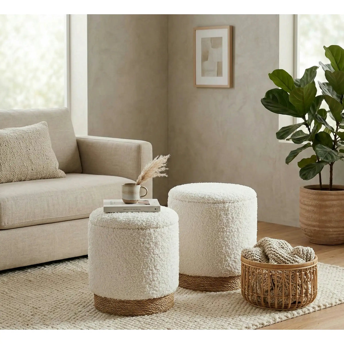Set taburete moderne CANCUN, crem/stejar, stofa buclata/placaj indoit, cu spatiu depozitare