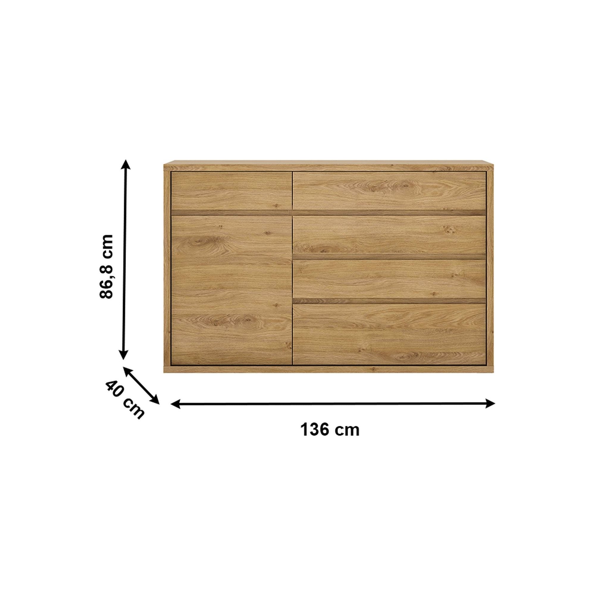Comoda SHELDON TIP 42, stejar, PAL laminat, 136x40x87 cm