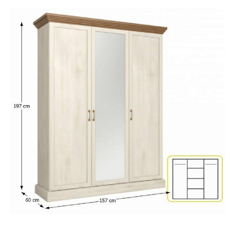 Set dormitor ROYAL, pin nordic alb/stejar salbatic, PAL laminat/metal, cu pat 160x200, somiera, dulap cu 3 usi si 2 noptiere