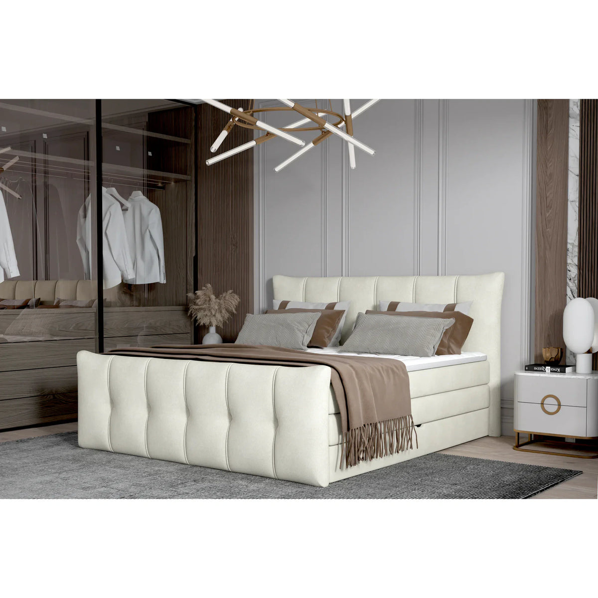 Pat boxspring SOFIA 160x200, personalizabil materiale gama Oferta Avantaj, cu saltele, topper si lada pentru depozitare
