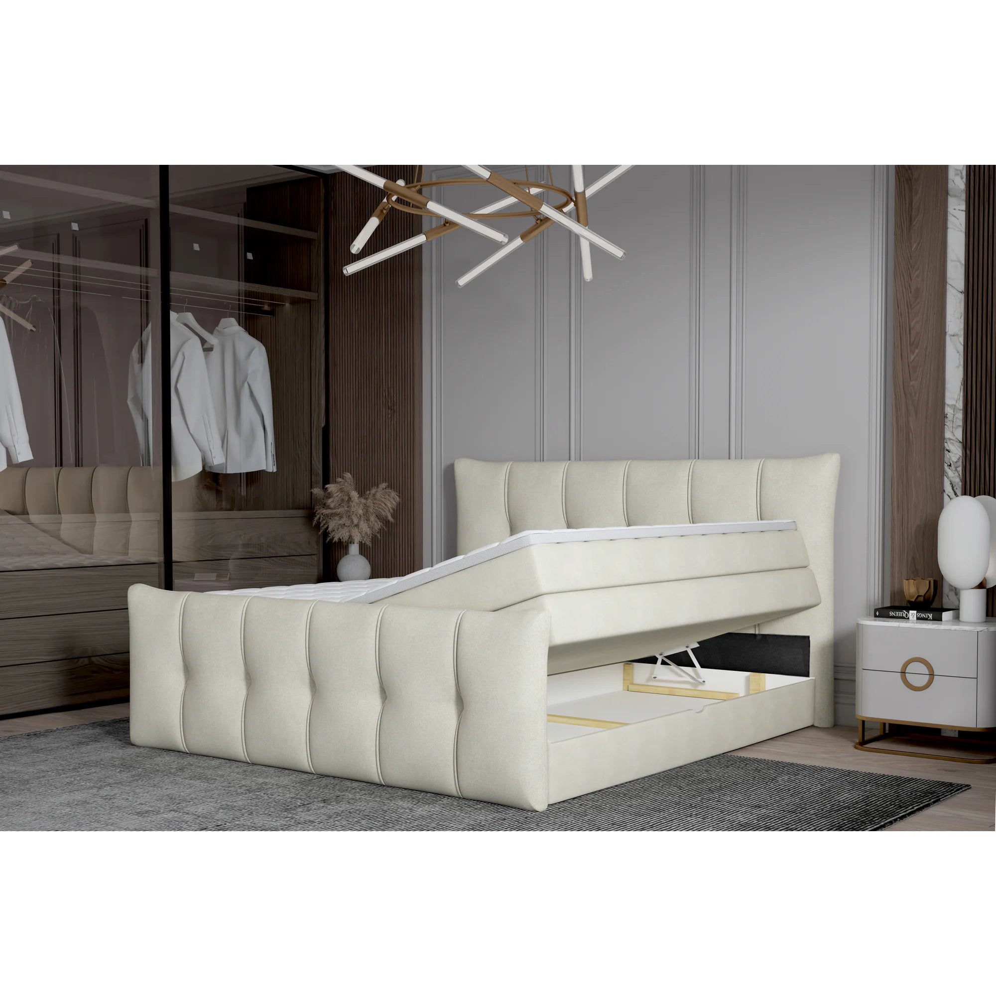 Pat boxspring SOFIA 160x200, personalizabil materiale gama Oferta Avantaj, cu saltele, topper si lada pentru depozitare