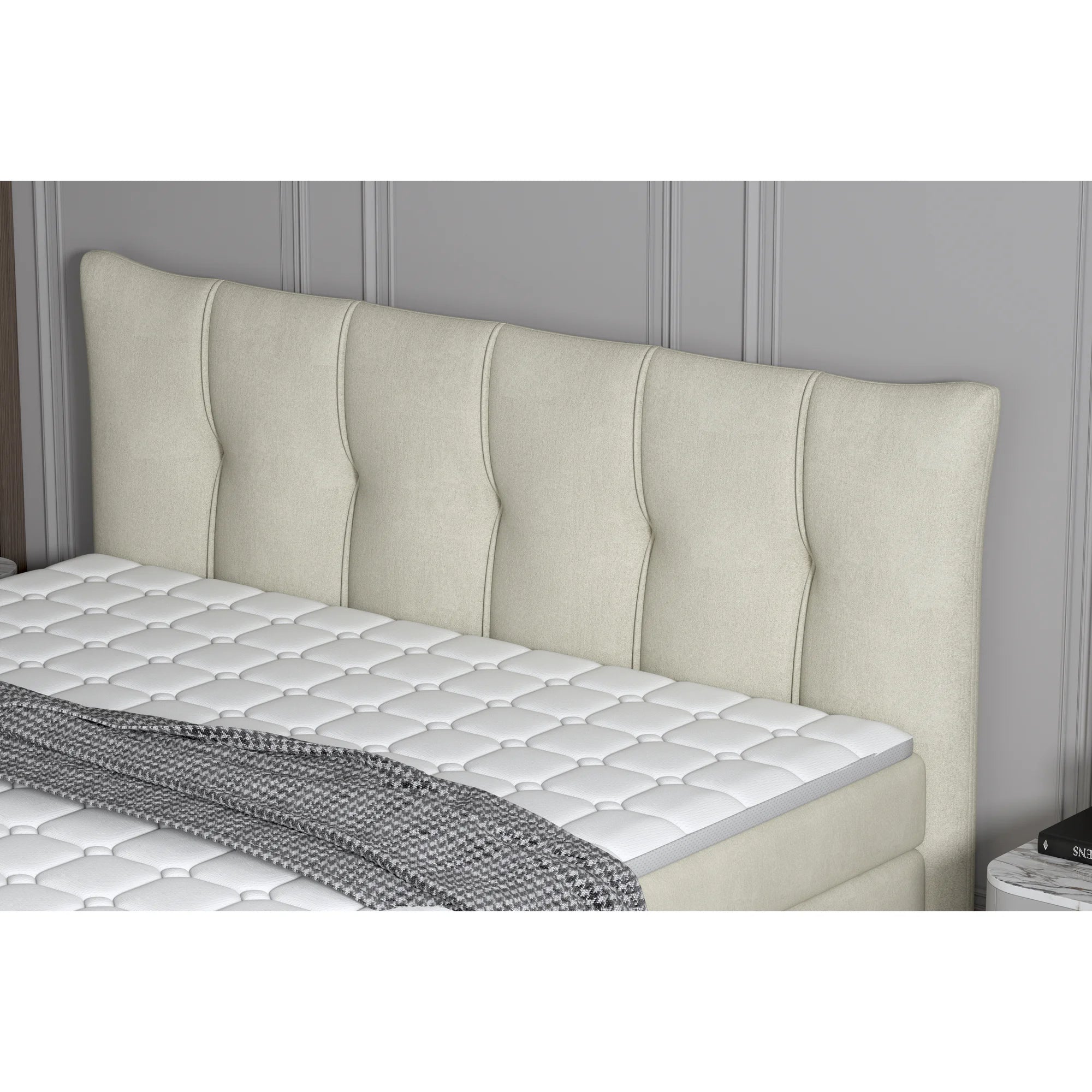 Pat boxspring SOFIA 160x200, personalizabil materiale gama Oferta Avantaj, cu saltele, topper si lada pentru depozitare