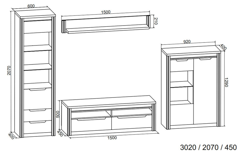 Mobilier living SOLOMIA, alb/stejar, PAL, 302x45x207 cm