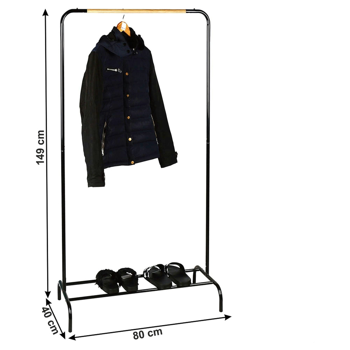 Stander haine RAPSO, negru, metal/lemn, 80x40x149 cm