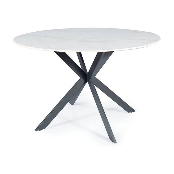 Masa TALIA, alb cu efect de marmura/negru mat, ceramica/metal, 120x120x76 cm