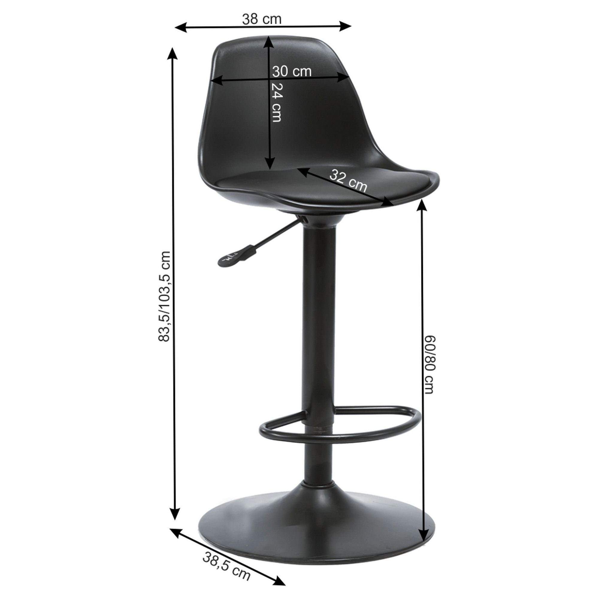 Scaun de bar DOBBY, negru, piele ecologica/metal, 38x39x84/104 cm