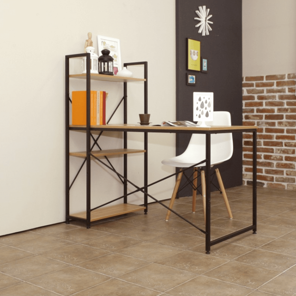 Masa birou VEINA, stejar/negru, PAL melaminat/metal, 120x60x72/122 cm