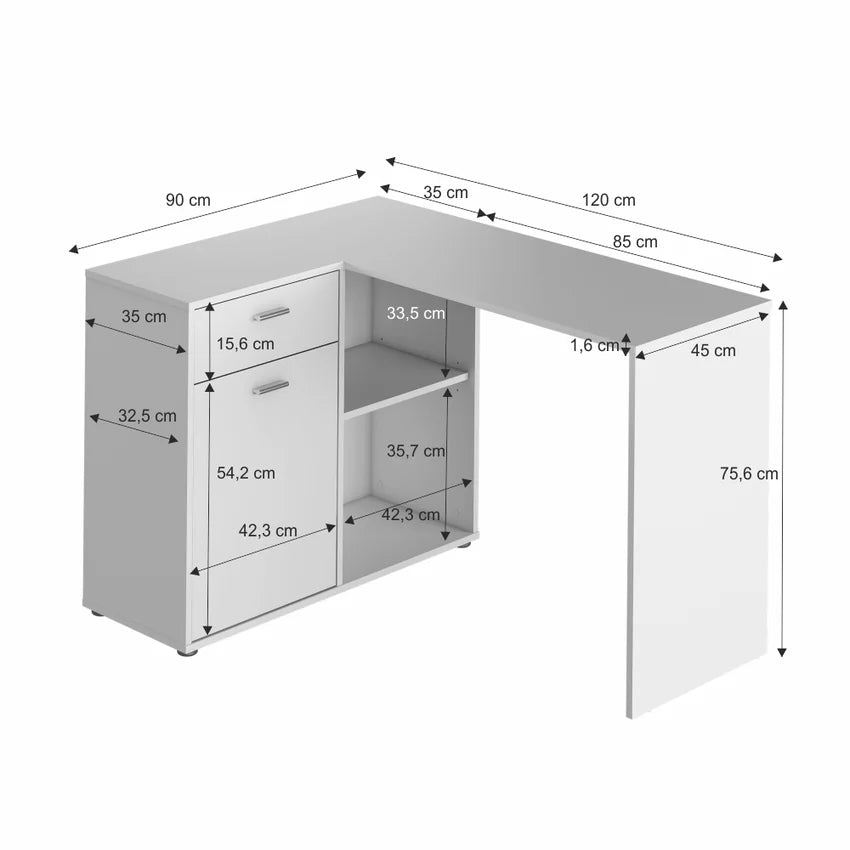 Birou de colt KALIMERO, alb, PAL melaminat, 120x90x76 cm