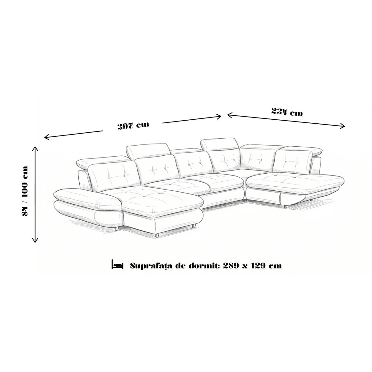 Coltar living SIENA U, sezlong stanga, stofa gri - Frisco G706, 397x234x100 cm