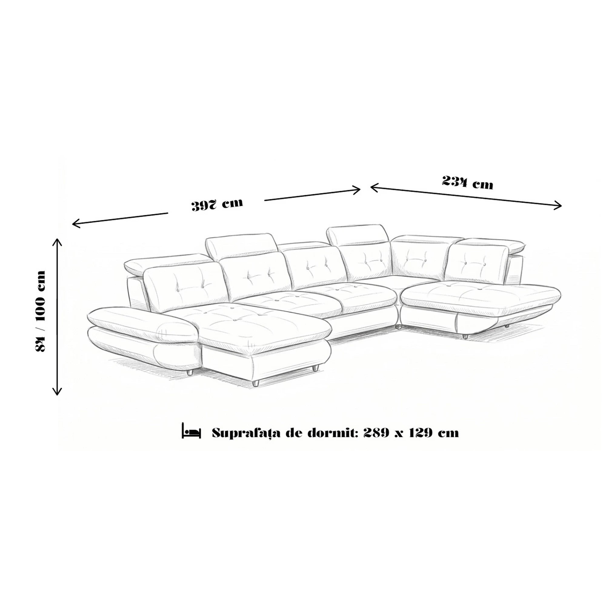 Coltar living SIENA U, sezlong stanga, stofa gri - Frisco G706, 397x234x100 cm