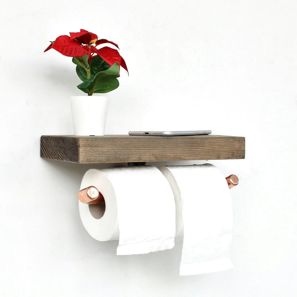 Suport hartie igienica COP018, stejar inchis/cupru, lemn de molid/metal, 30x15x12 cm