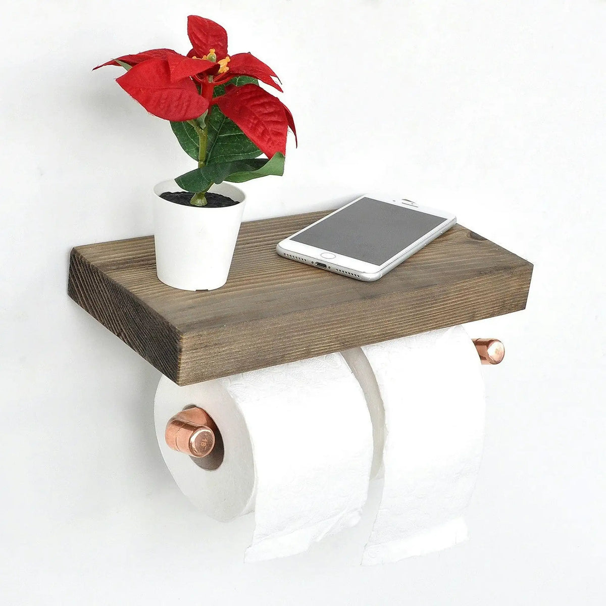 Suport hartie igienica COP018, stejar inchis/cupru, lemn de molid/metal, 30x15x12 cm