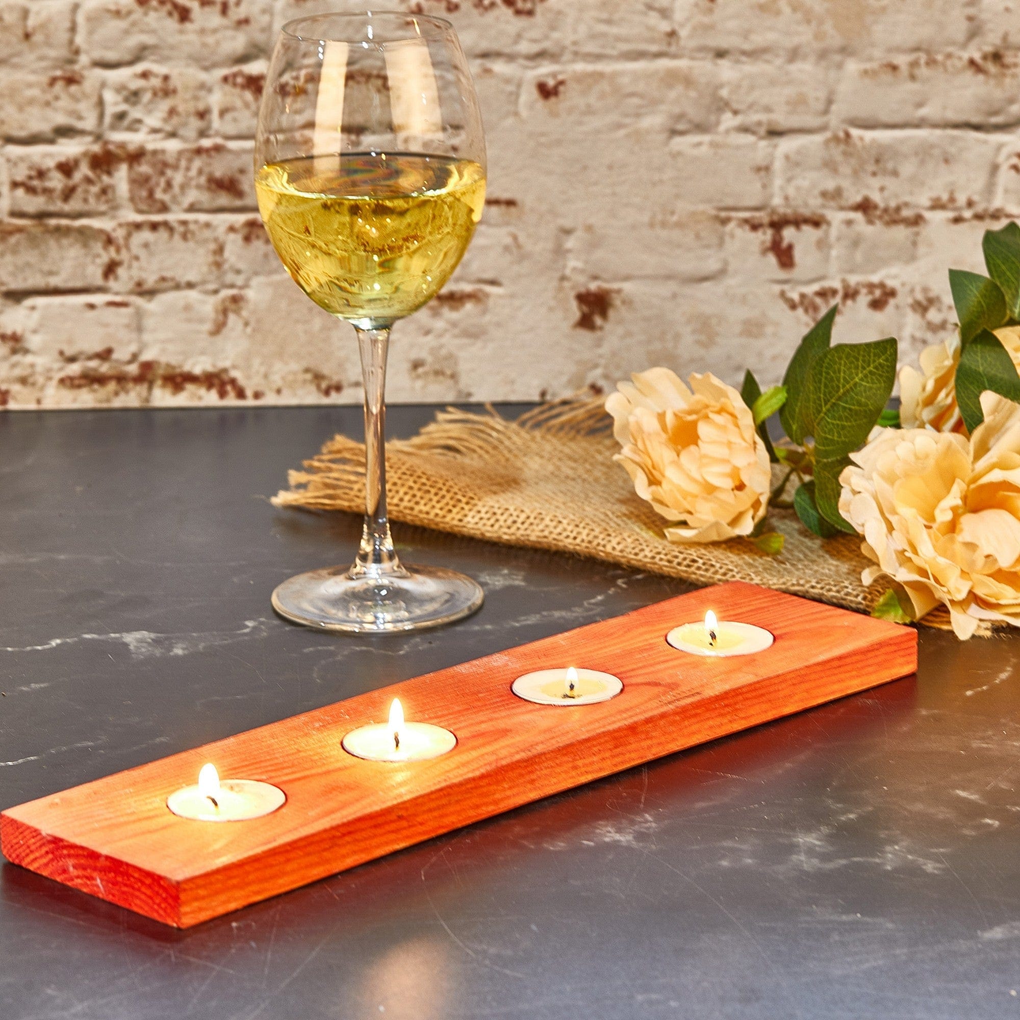 Suport lumanari TEALIGHT KI, portocaliu, lemn, 35x9 cm