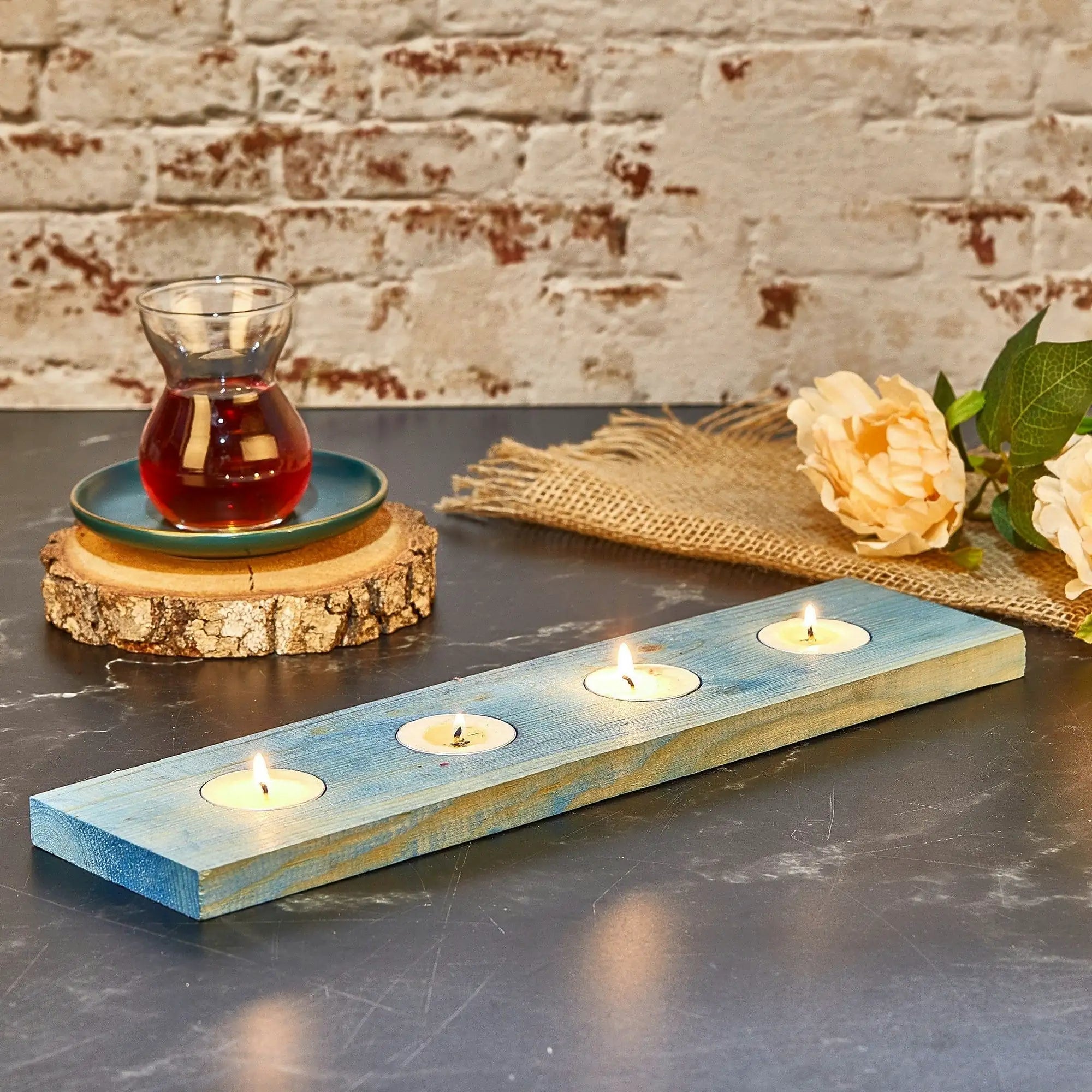 Suport lumanari TEALIGHT MA, albastru, lemn, 35x9 cm