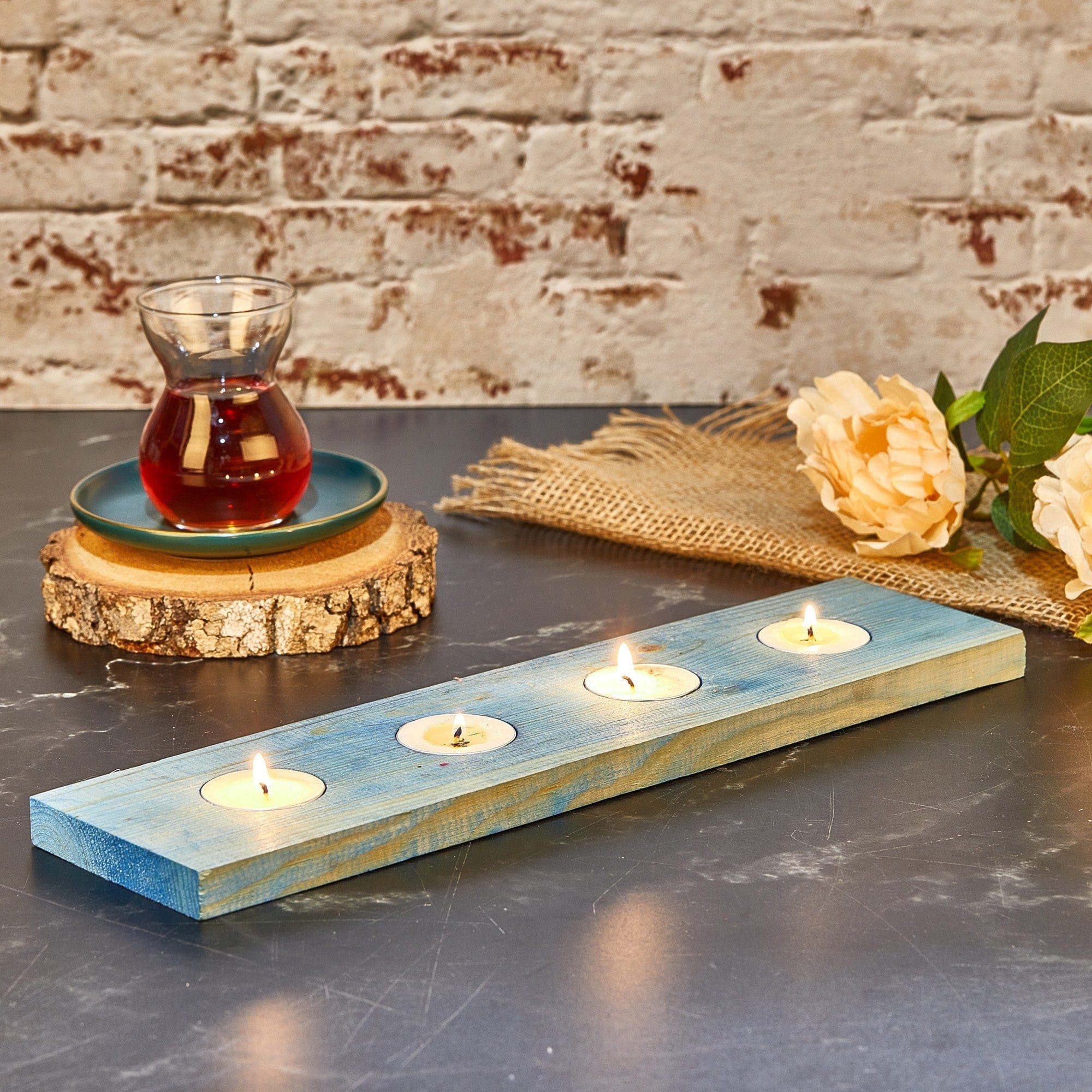 Suport lumanari TEALIGHT MA, albastru, lemn, 35x9 cm