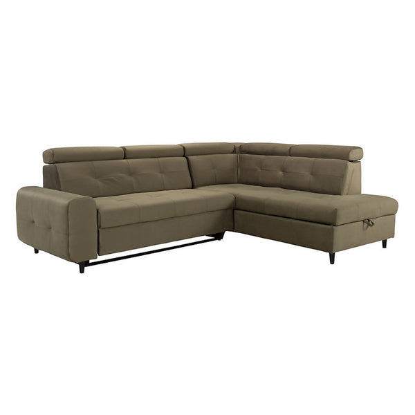 Coltar extensibil MATRAS, sezlong dreapta, stofa catifelata verde olive - Letto 38, cu lada depozitare, 263x205x98 cm