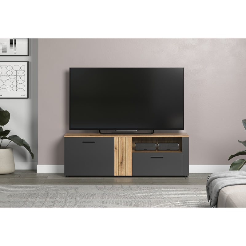 Comoda TV ESTEBAN, gri grafit/stejar, PAL laminat, 150x42x50 cm