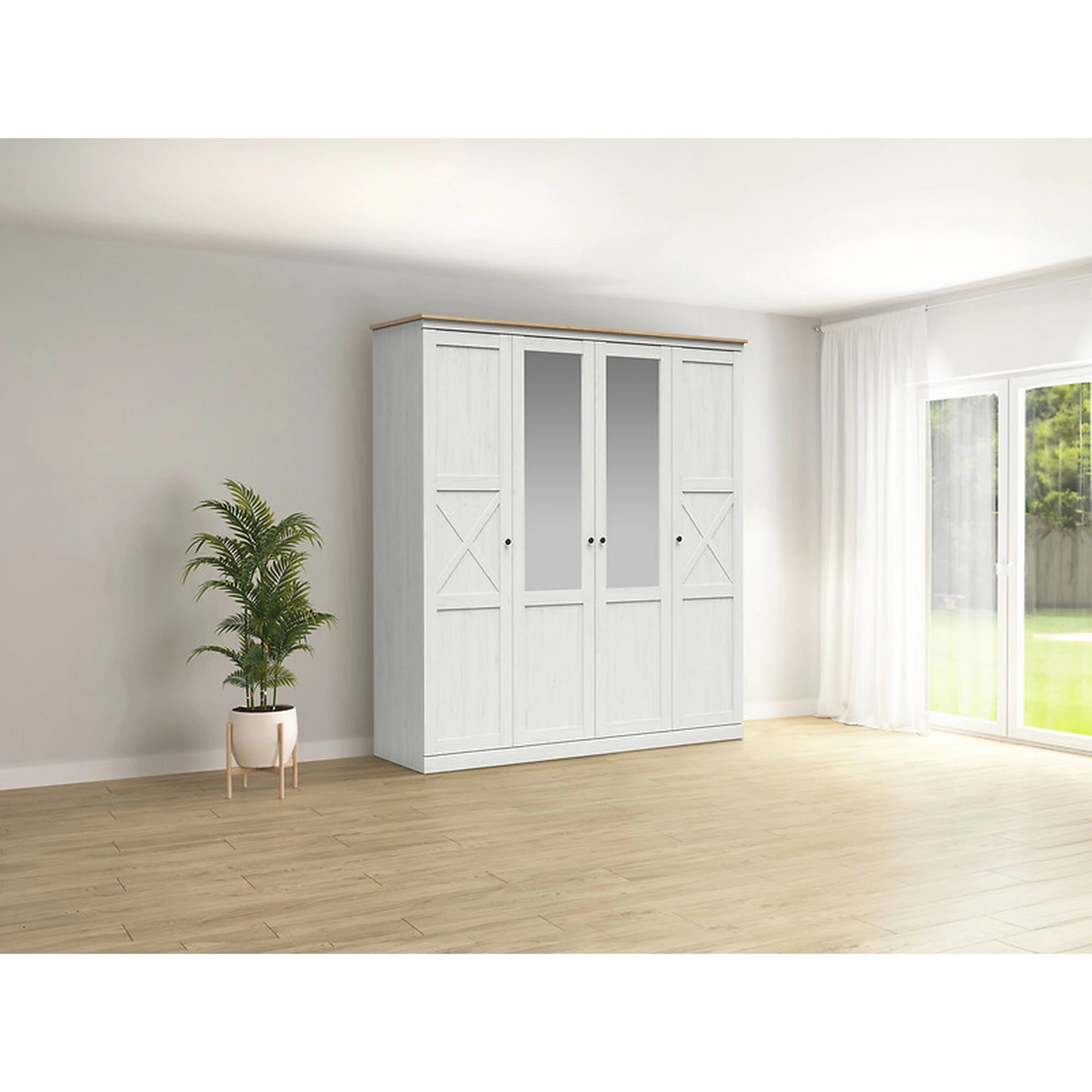 Dressing FRIJA, alb/stejar artisan, PAL melaminat, cu 4 usi, 203x58x220 cm