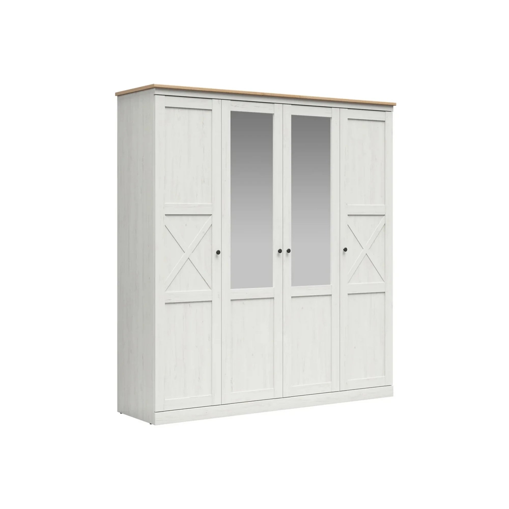 Set dormitor FRIJA, pin alb andersen/stejar artisan, pat 160x200, dulap cu 4 usi, 2 noptiere si comoda