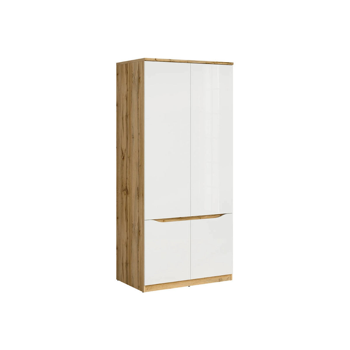 Set dormitor NUIS, stejar wotan/alb lucios, pat 160x200, dulap cu 4 usi, 2 noptiere si o comoda