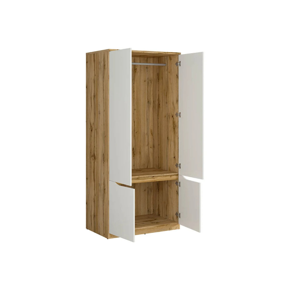 Set dormitor NUIS, stejar wotan/alb lucios, pat 160x200, dulap cu 4 usi, 2 noptiere si o comoda