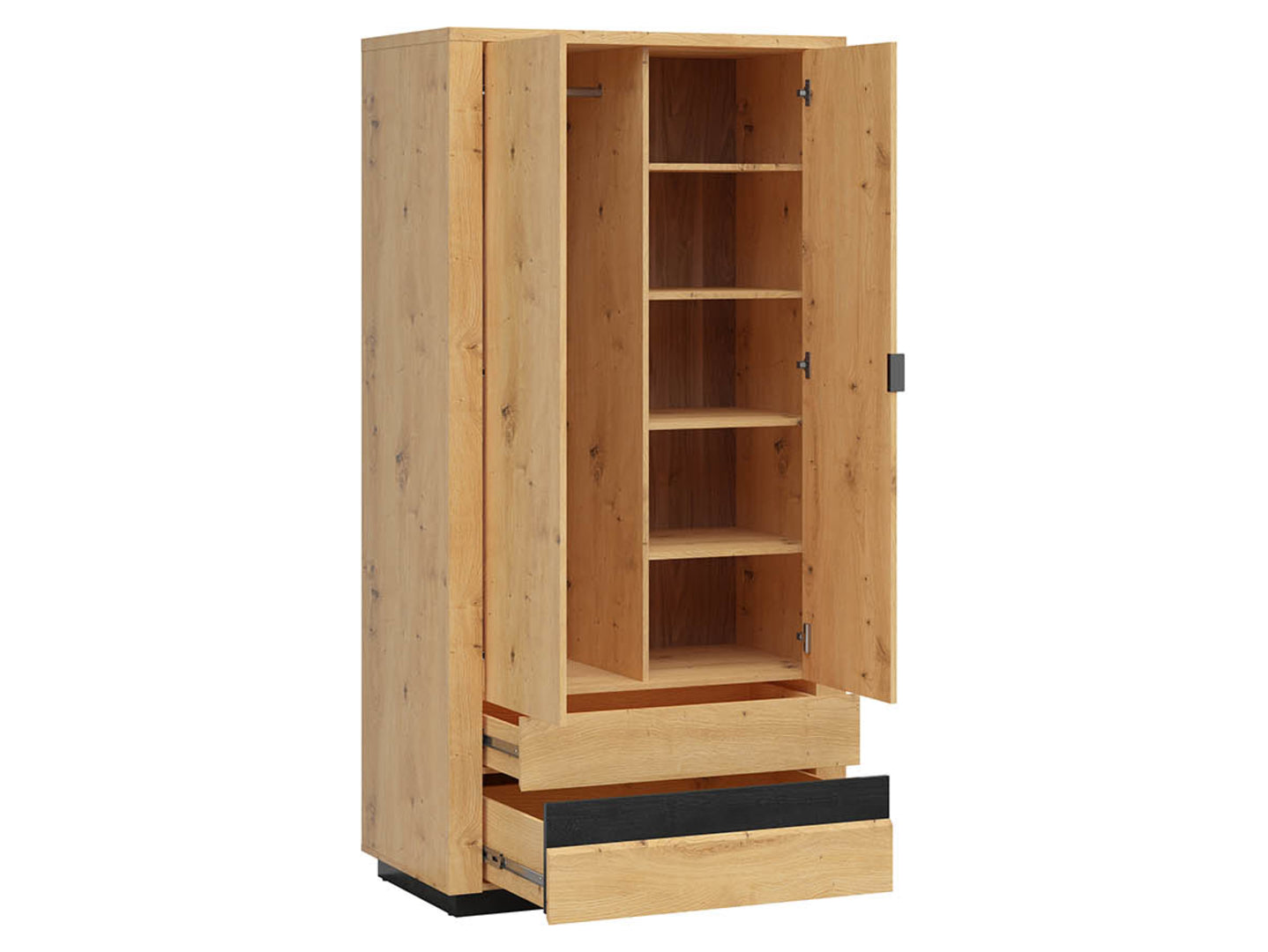 Set dormitor OSTIA, stejar artisan/negru, pat 160x200, dulap cu 2 usi si 2 sertare, comoda si noptiera